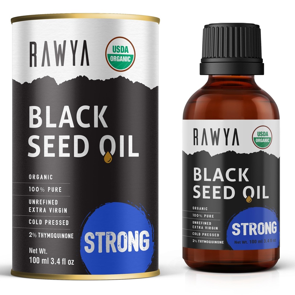 RAWYA Black Seed Oil - gosto extra forte, alto TQ, frio prensado, garrafa de vidro, Nigella Sativa Oil, ótimo para pele & cuidados com o cabelo, Black Cumin Seed, Kalonji, 100% certificado Orgânico - 3.4 Fl Oz,