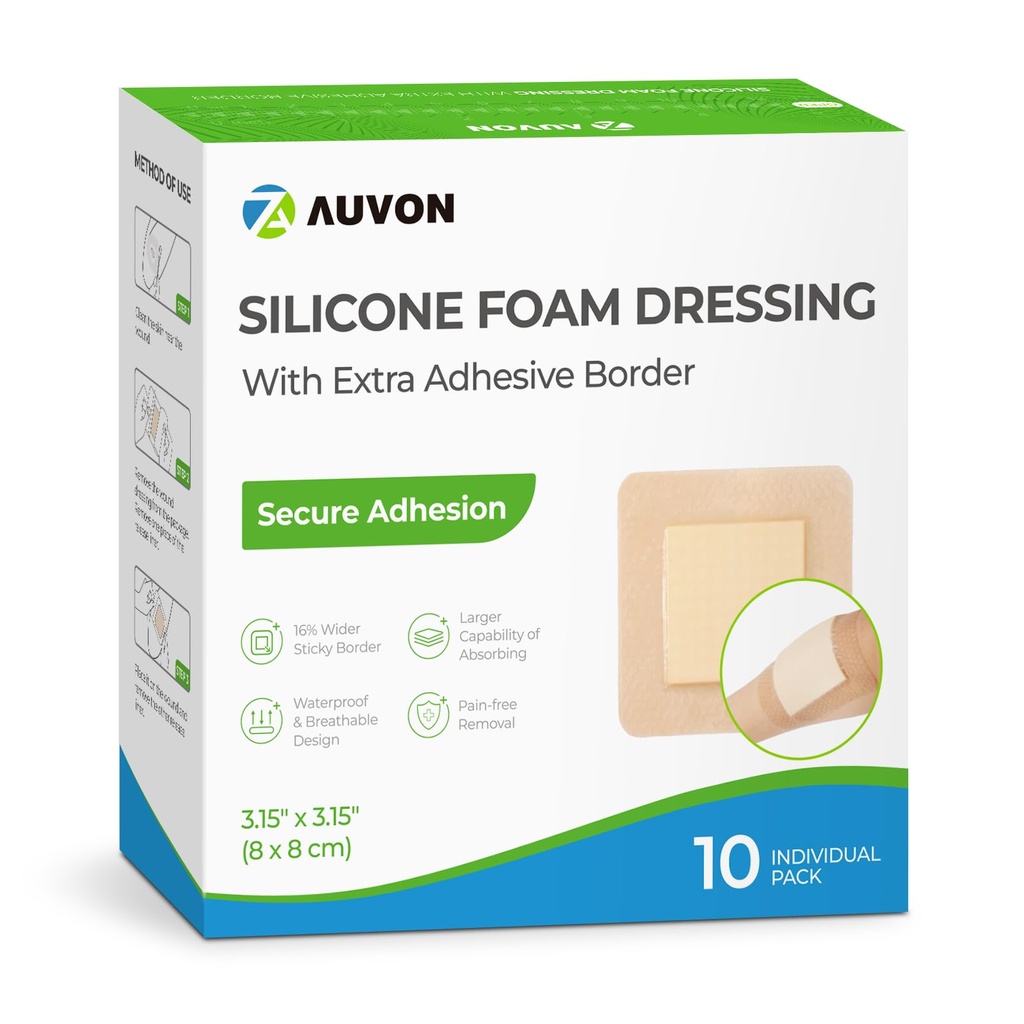 Vestido de espuma de Silicone AUVON com borda adesiva grande, 3" x 3" 10 embalagens de curativo de ferida com alta absorbência, almofadas de espuma de Silicone impermeável para cuidados de feridas e proteção Plus Cushioning
