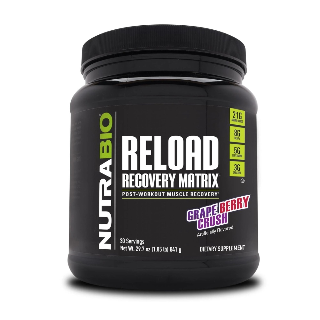 NutraBio Reload - Fórmula de recuperação muscular poderosa - Suplemento pós-treino - 3G Creatina - 8G BCAAs - 5G Glutamina - 30 Servings, Grape Berry Crush