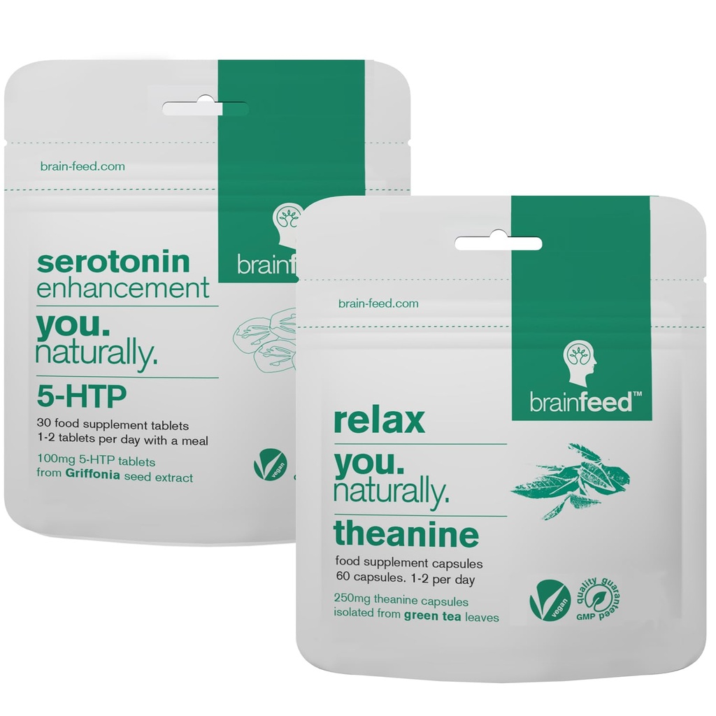 Suplementos de serotonina e natural l theanina □ Serotonin Suporte de humor & suplementos de alívio de estresse □ 5HTP 100mg + 250mg L cápsulas de teanina □ 2 Mês de fornecimento □ Vegan