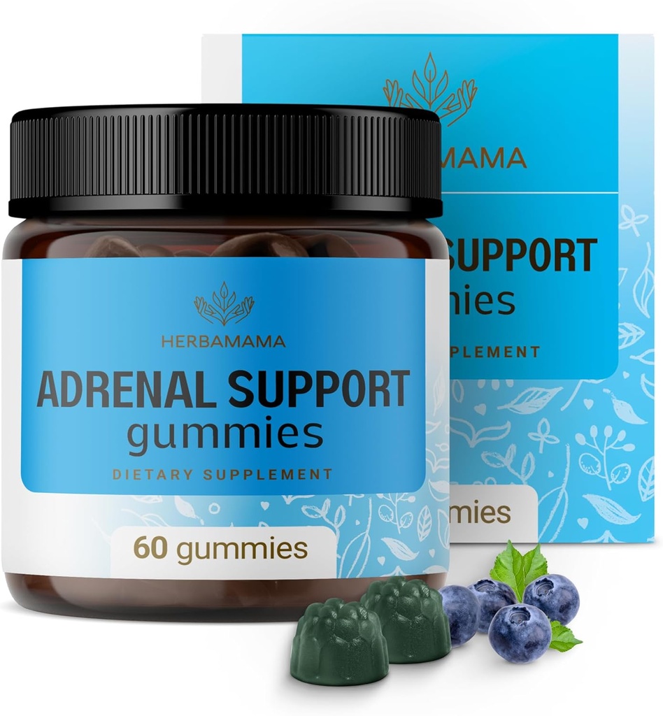HERBAMA Adrenal Support Gummies - Puro Suplemento Complexo Adrenal para Mulheres com Ashwagandha Root, Rhodiola Rosea & Magnésio - Vegan, Não-GMO - 60 Pectin-Based Blueberry-Flavored Chews