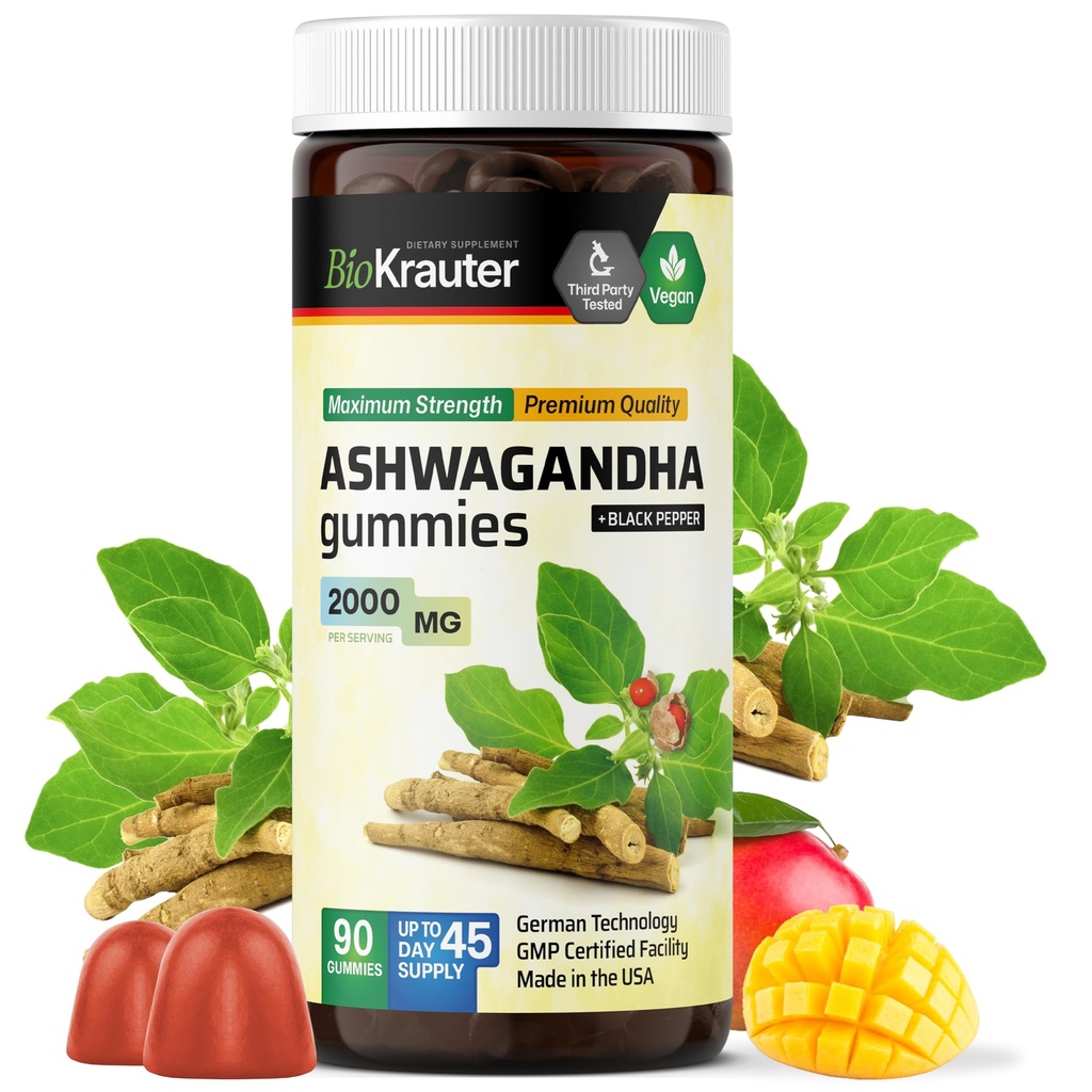 BIO KRAUTER Ashwagandha Gummies para Mulheres e Homens - 2000 mg de força - 90 mastigações para apoio ao humor - Chewable Ashwagandha Suplementos - Vegan - Mango Flavor