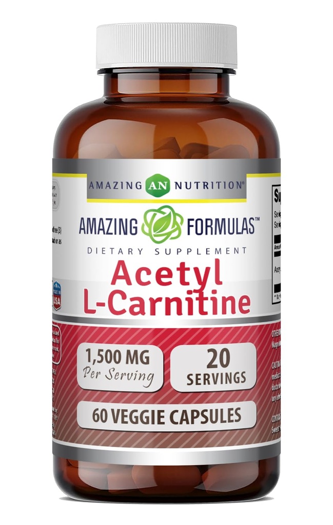 Fórmulas surpreendentes Acetil L-Carnitina Hcl Veggie Suplemento Dietário - 500 Mg, Cápsulas Veggie (Não GMO, Gluten Free) Por garrafa - Promove Produção de Energia e Função Cognitiva (60 Contagem)