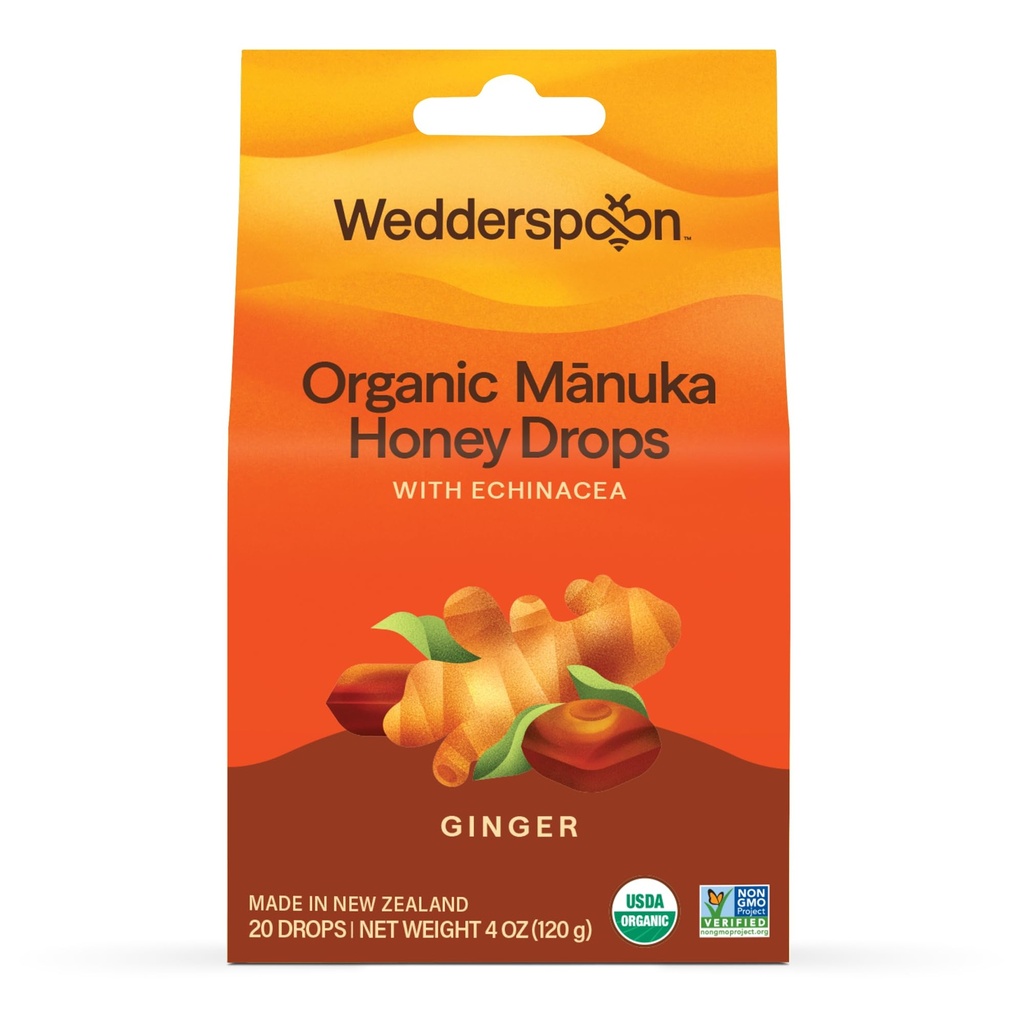 Wedderspoon Organic Manuka Honey Drops, Ginger & Echinacea, 20 Count (Pack of 1)