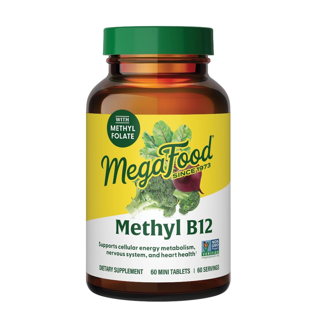 MegaFood Methyl B12 - Vegan - Inclui Folato de metilo, Vitamina B12 & B6 - Suporta Produção de Energia Celular, Saúde do Sistema Nervoso & Função Cardiovascular - 60 Comprimidos