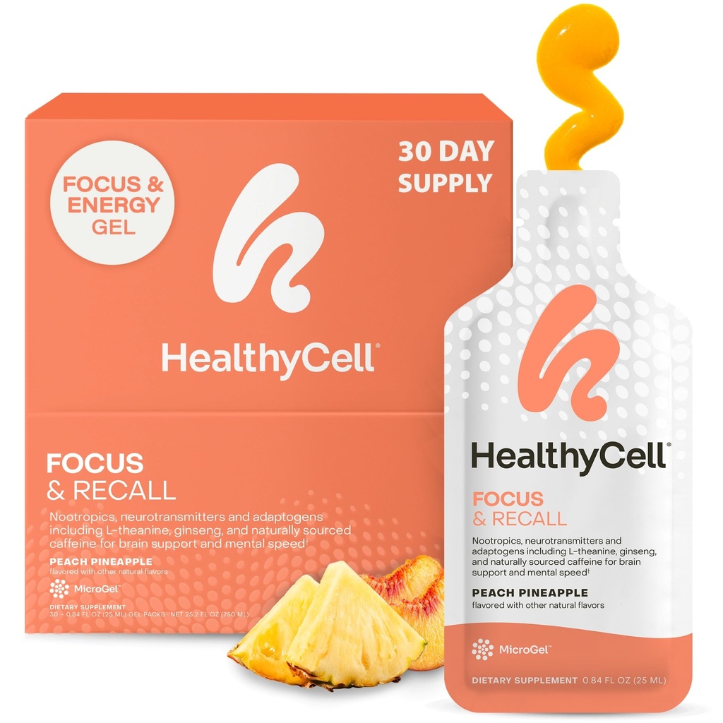 Healthycell Focus & Remember, Suplemento diário líquido do cérebro para foco e memória - Nootropics Suplemento para concentração e alerta com L-Theanina, Omega-3 & Taurine - 30 pacotes de gel