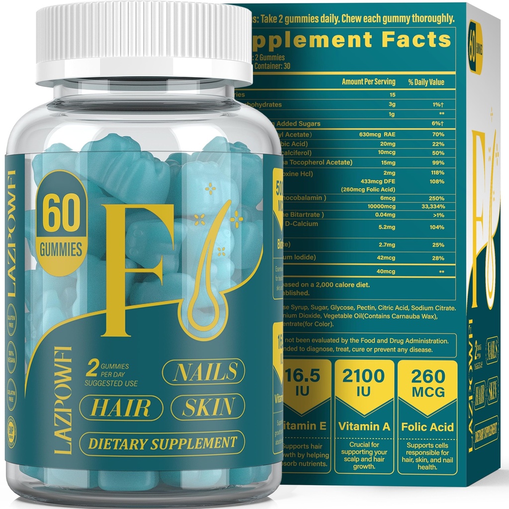 Biotin Gummies - Pele de cabelo e unhas Vitaminas para homens e mulheres, Vegan Vitamina B7, Suporta o crescimento do cabelo e unhas mais fortes, 30 fornecimento dia - Blueberry-60 Condes