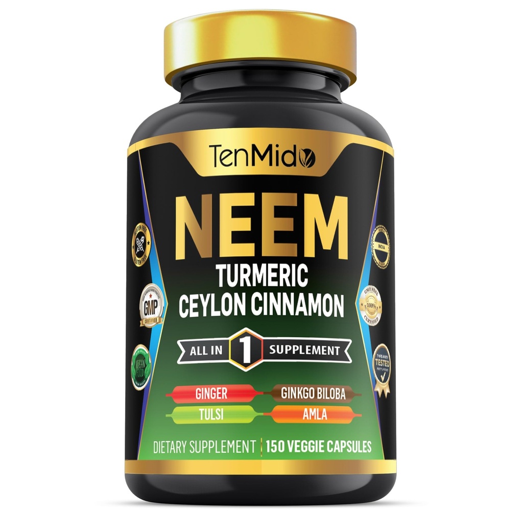 Neem Leaf Supplement - Fórmula 8in1 - Combine com a Turmérica, Ceilão Canela, Ginger, Tulsi, Ginkgo Biloba, Amla, e Pimenta Negra - Apoio à Saúde Imune - 150 Cápsulas Vegan