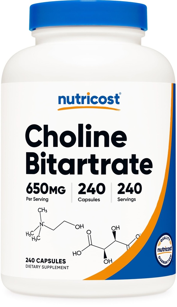 Nutricost Choline Bitartrate 650mg, 240 Cápsulas vegetarianas - Não-GMO, Vegetarian Friendly, Gluten Free