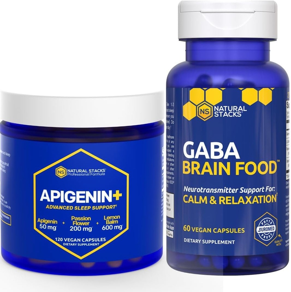 NATURAL STACKS GABA Brain Food + Suplemento Apigenin para pacote de sono - Suporta Relaxamento e Sono* - 180 Cápsulas Total