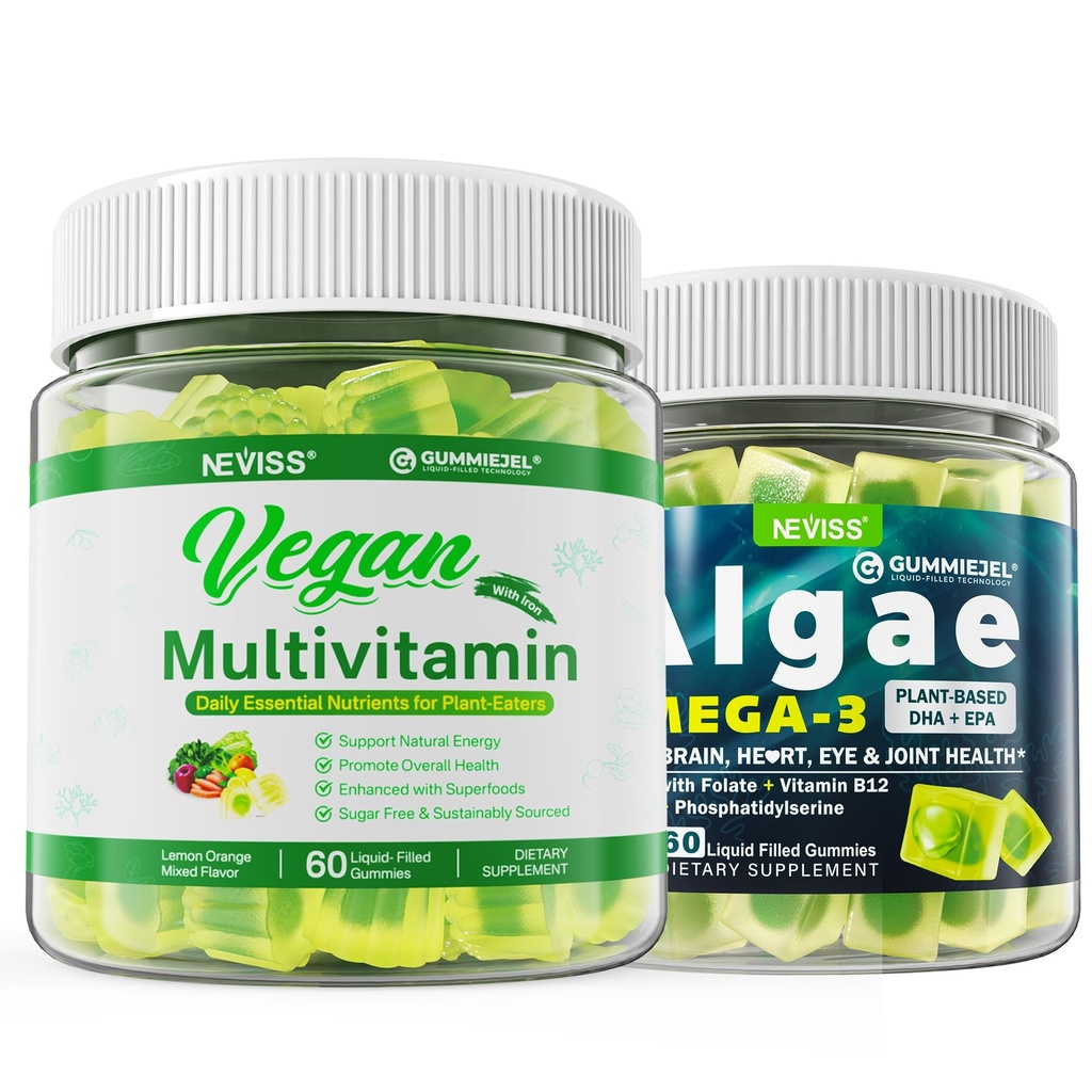 Vegan Omega 3 Gummies 1000mg com Vegan Multivitamin para mulheres homens com ferro, vitamina B12, A, D3, K2, Algae Omega 3, Magnésio, Zinco