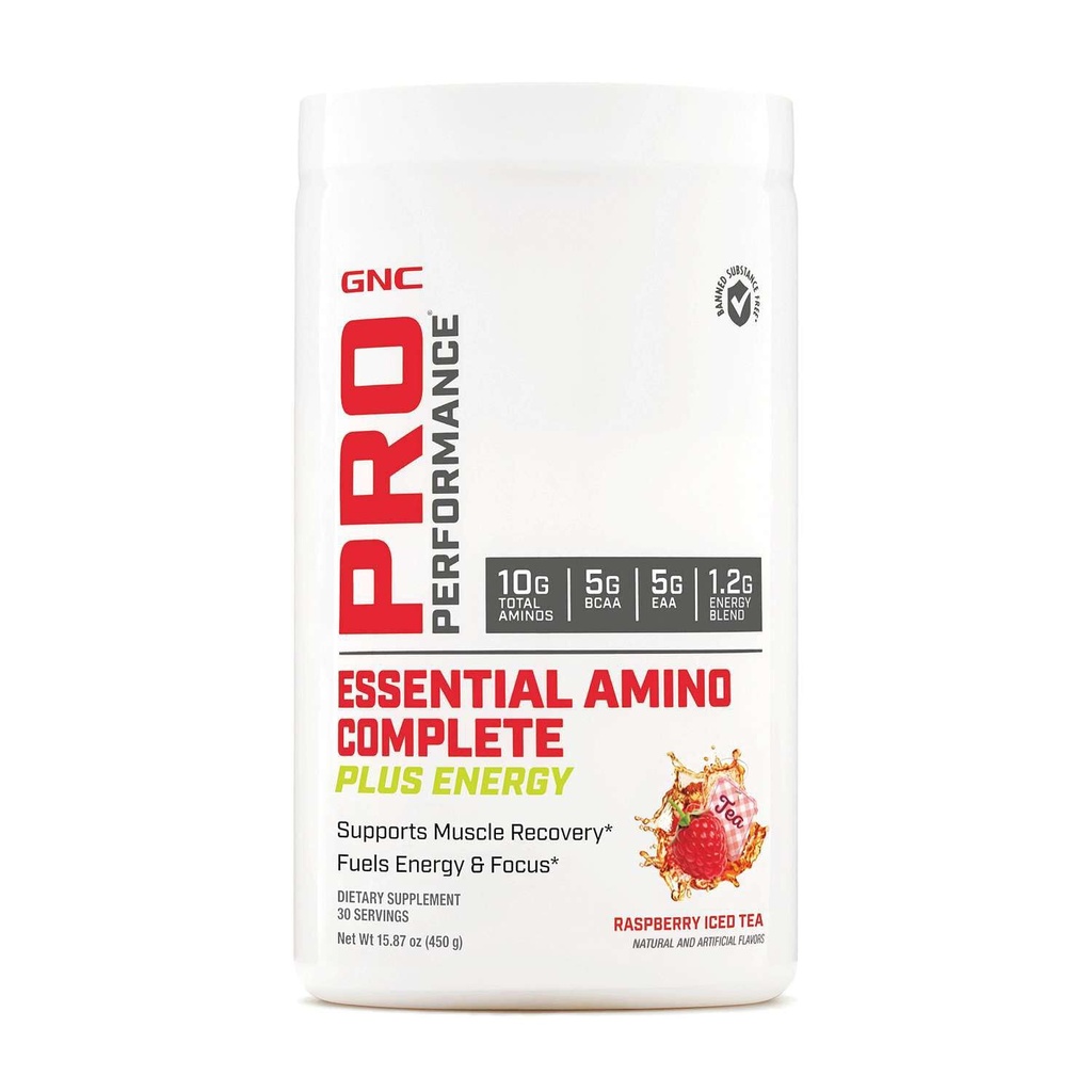 GNC Pro Performance Essential Amino Complete Plus Energy - Raspberry Iced Tea 5g BCAA, 5g EAA Plus Energy Blend e Electrolyte Complex