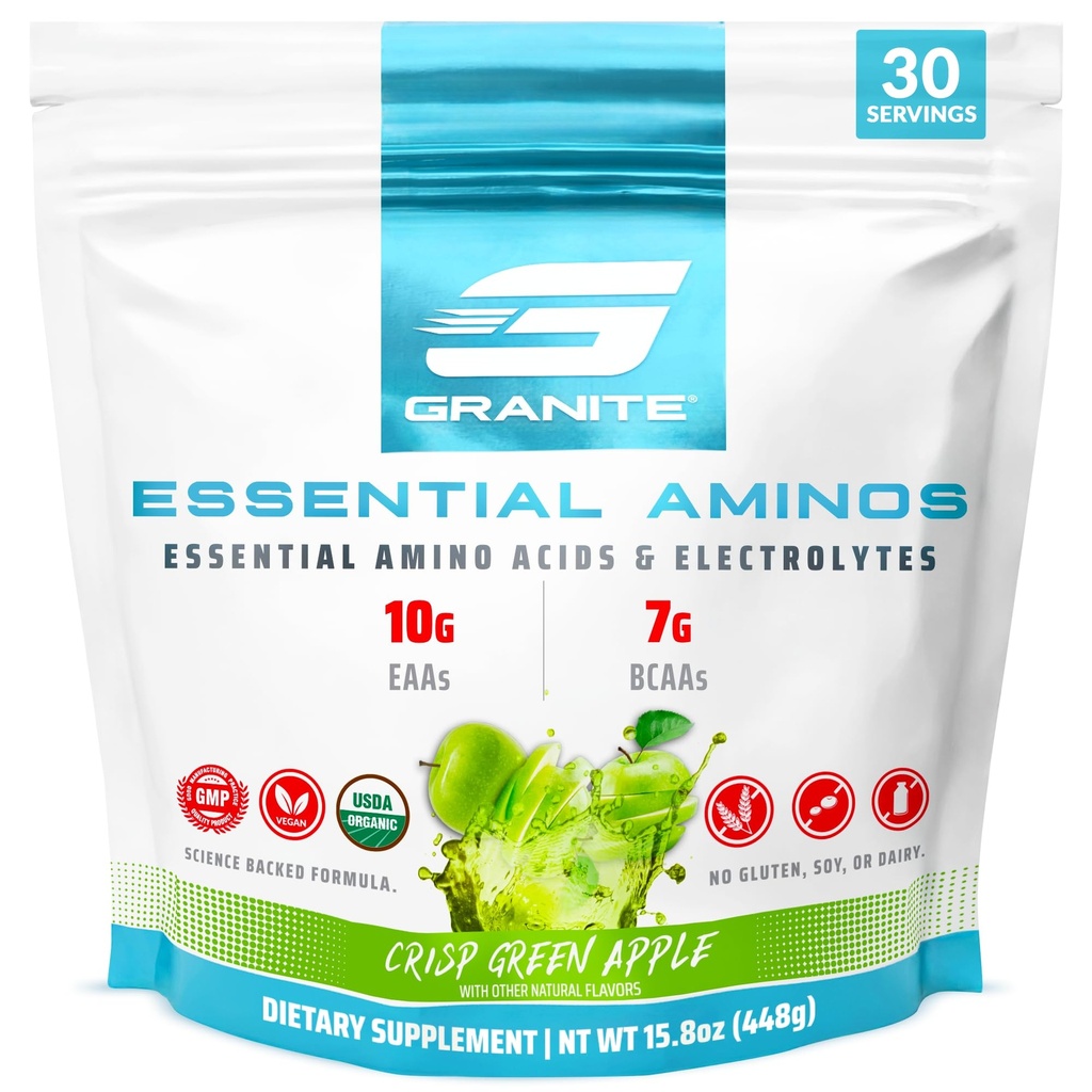 Granito essencial Aminoácidos em pó, sabor de maçã verde, com 10g EAAs e 7g BCAAs, suporta recuperação muscular e crescimento, sem soja, sem glúten (30 Servões)