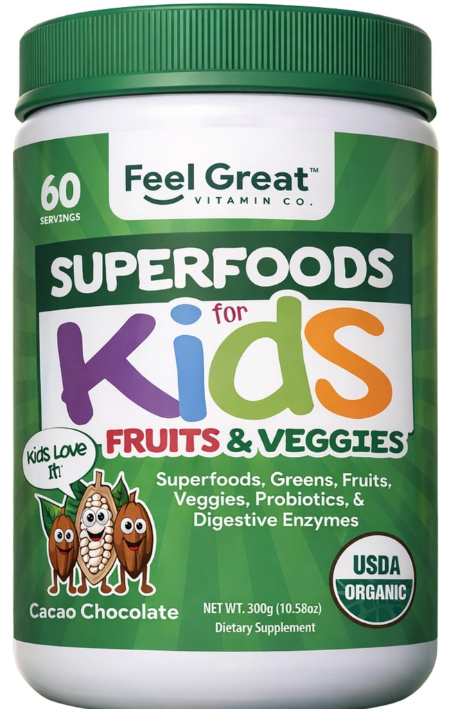 Feel Great USDA Organic Super Greens Powder for Kids - Chocolate de Coca-Cola □ Suplemento de frutas e legumes □ Superfood Powder with Probióticos & Enzimas Digestivas para a Saúde Digestiva