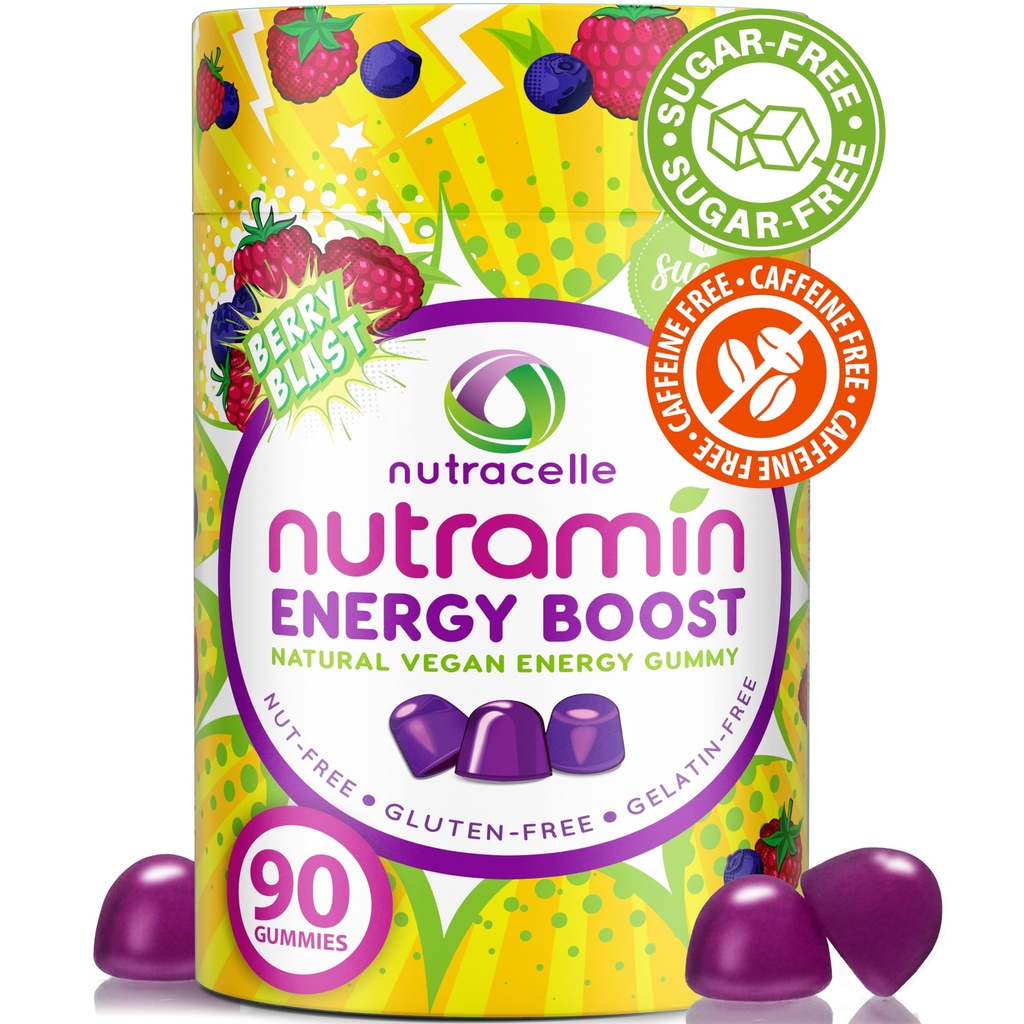 NUTRAMIN Energia Boost Vitamina Gummy - Skip The Coffee & Boost Your Energy, Cafeína-livre de açúcar, Vegan, B12, Chá verde, Ashwagandha, Garcinia Cambogia, Raspberry Adaptogen - 90 ct