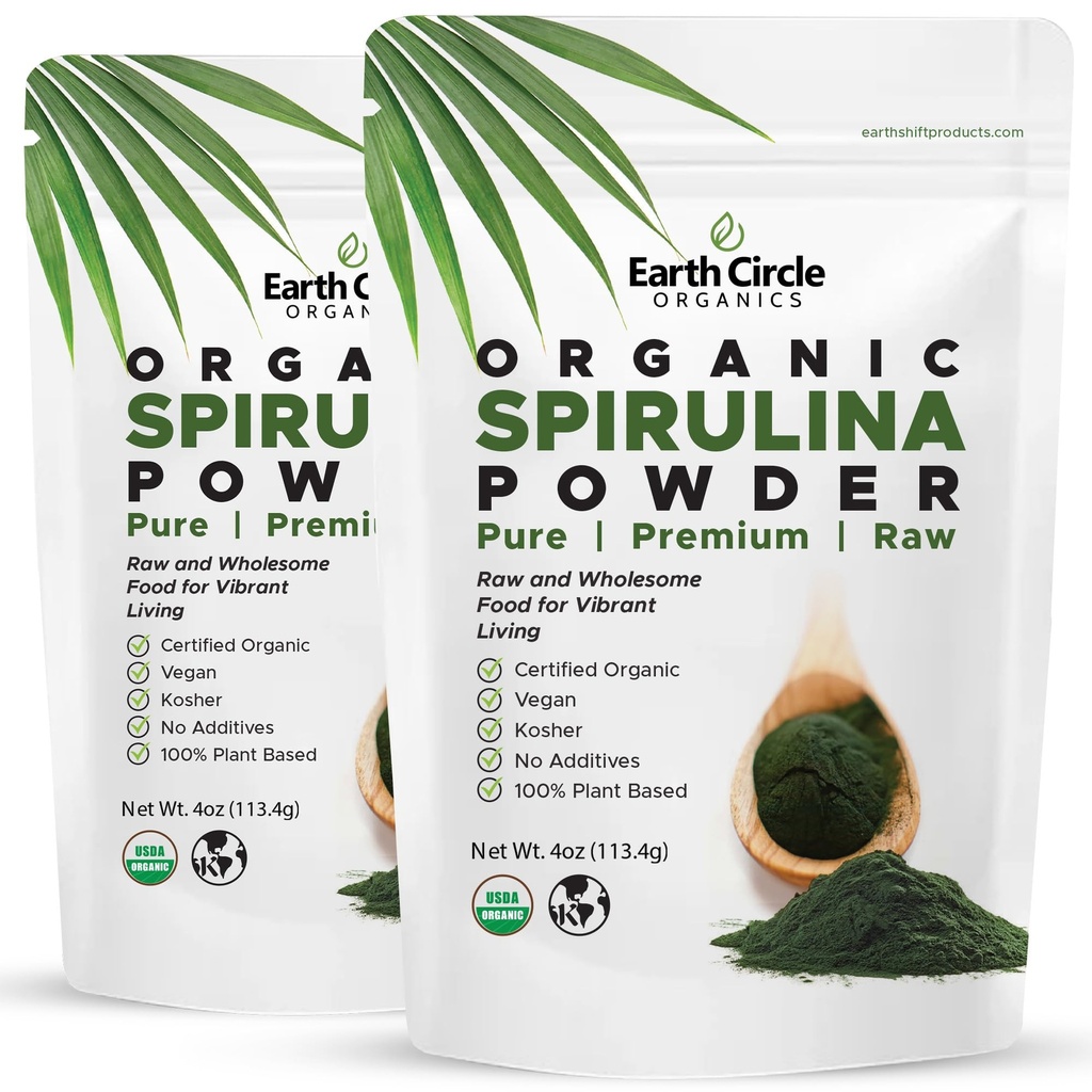 Círculo de Terra Orgânicos espirulina em pó, Kosher, cru e não irradiado □ Pure Vegan Protein □ Premium Superfood, alta em aminoácidos e antioxidantes - 4 Onça (2 embalagens)