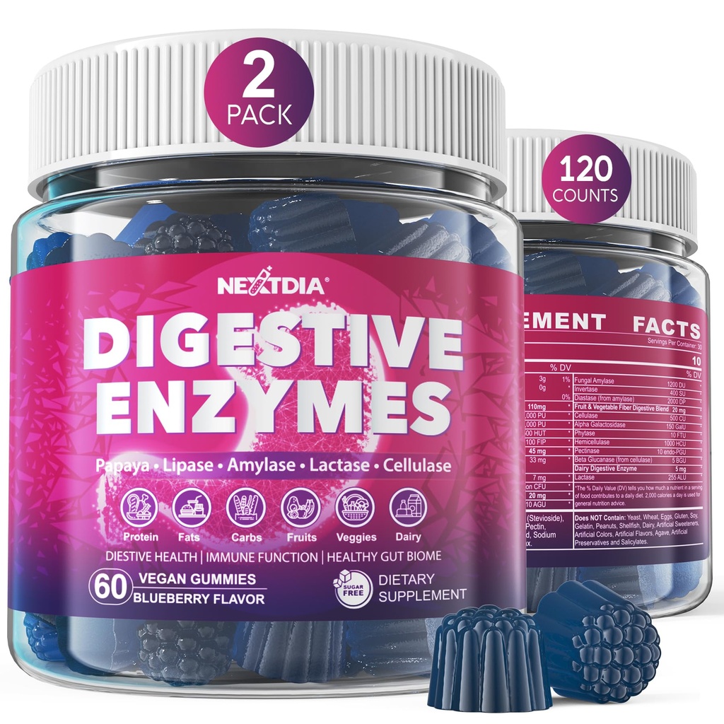 Enzimas Digestivas para Mulheres & Homens Gummies w/ Probióticos, Papaya, Bromelain, Ginger - Bloating alívio & Gut saúde Chewable Suplemento Digest proteínas Dairy carboidratos gorduras vegetais, Açúcar Vegan livre, 120Cts