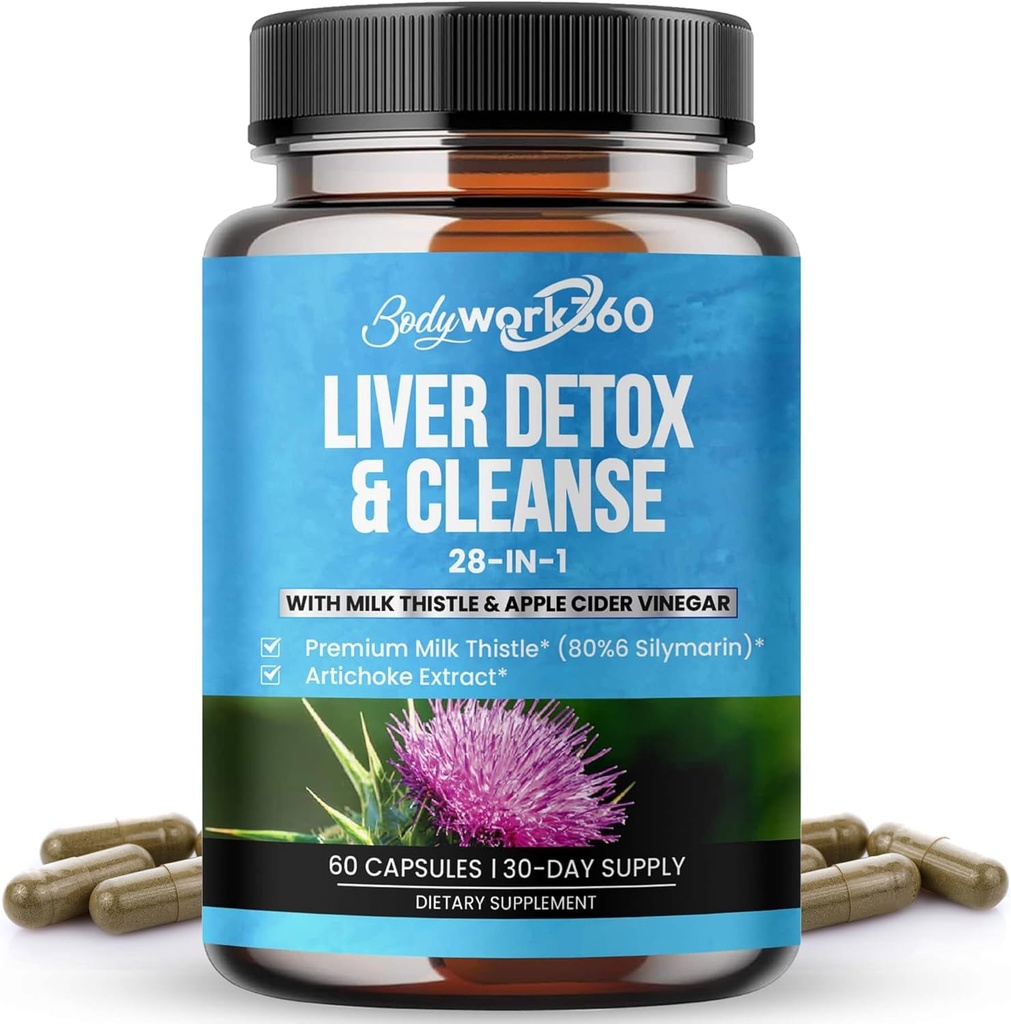Detox e limpeza de fígado - 28-in-1 Fígado Reparação e suporte Suplemento para homens e mulheres com cardo de leite, Apple Cider Vinagre, extrato de raiz de dente de leão e extrato de alcachofra - Não-GMO, 60 Cápsulas