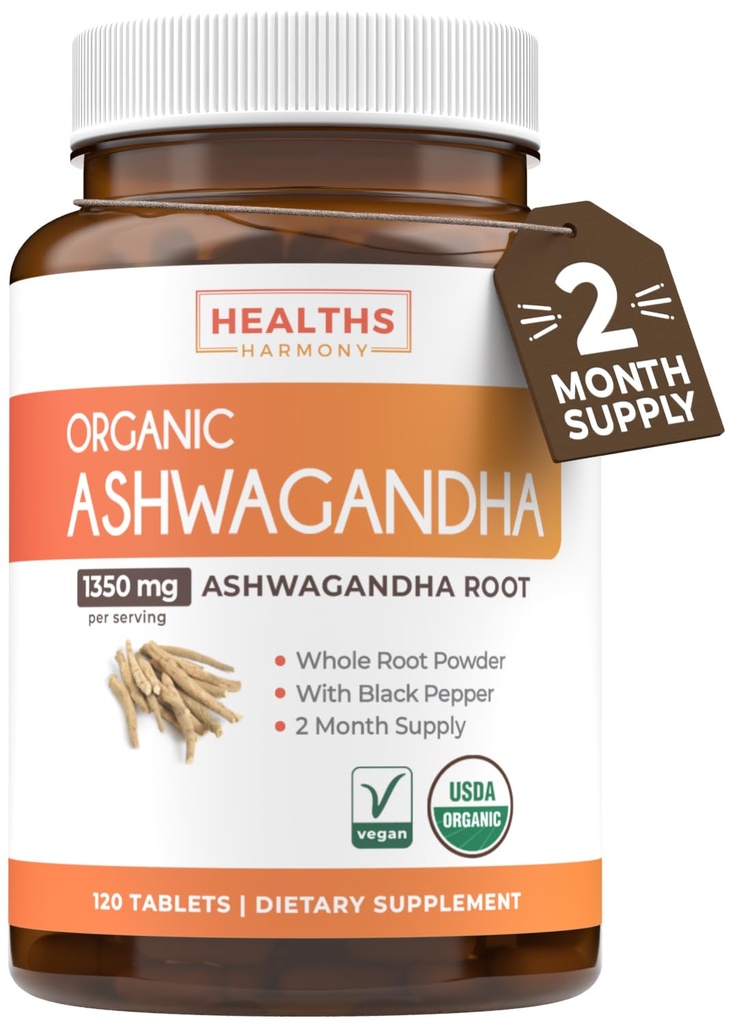 USDA suplemento orgânico Ashwagandha - pílulas Ashwagandha de alta potência feita com pimenta preta orgânica para absorção melhorada - Vegan não-GMO Made in the USA & Lab verificado (2 meses de fornecimento)
