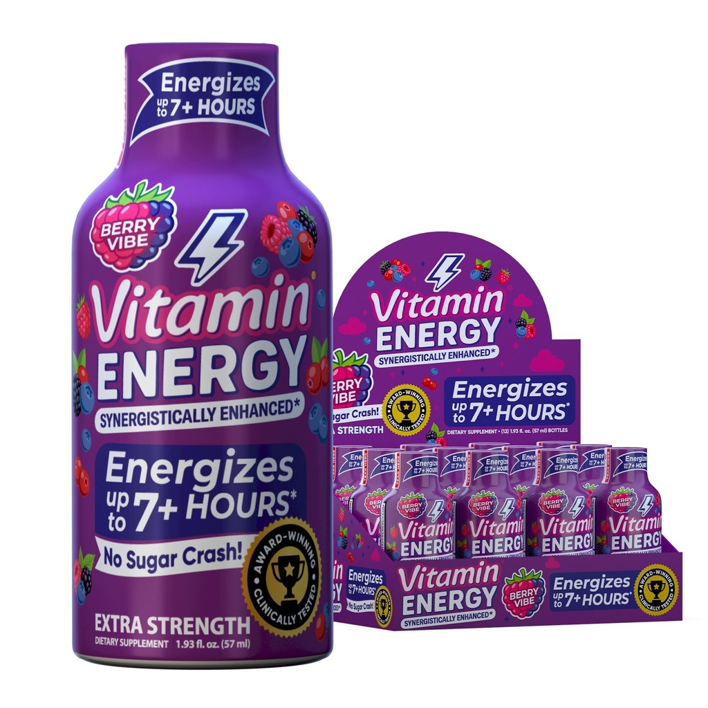 Vitamina Energia B12 11,000% Extra força Energia Shot Pink Berry 12 Pack, 260mg Cafeína Natural, B12 & B6, Foco Nootrópico, Vitalidade, Açúcar Zero, Sem glúten, Vegan, Kosher, 1,93 fl oz