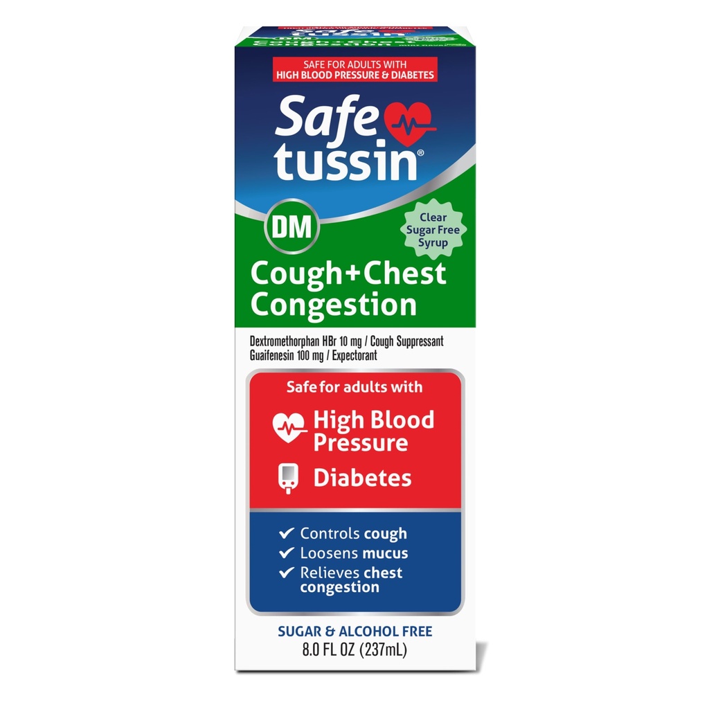 Safetussin DM Cough & Chest Congestion, 8 onças, Expectorant Mucus Alief, Tosse Relief Syrup, seguro para adultos com alta pressão arterial e diabetes