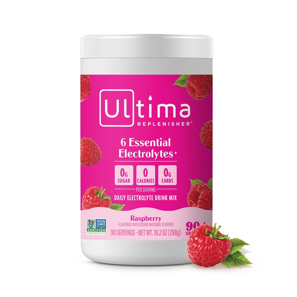 Ultima Replenisher Diária Electrolyte Powder Drink Mix – Açúcar grátis – Framboesa, 90 Servings – Hydration Powder com 6 Eletrolytes chave e Trace Minerals – Keto Friendly, Vegan, Não-GMO