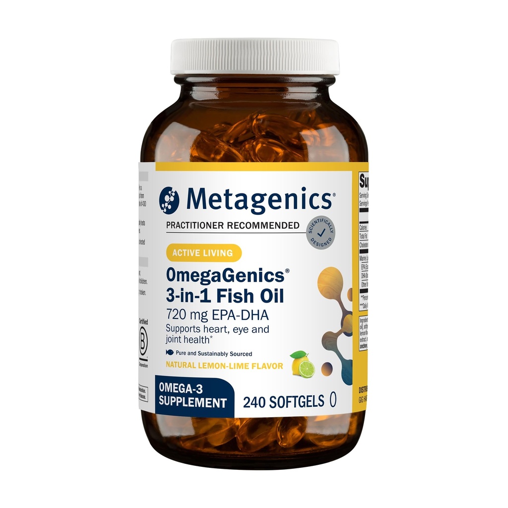 Metagenics OmegaGenics Fish Oil EPA-DHA 720 mg - Omega-3 Fish Oil Supplement - alta potência - para saúde do coração, saúde musculoesquelética e saúde do sistema imunológico * - com DHA & EPA - 240 Softgels