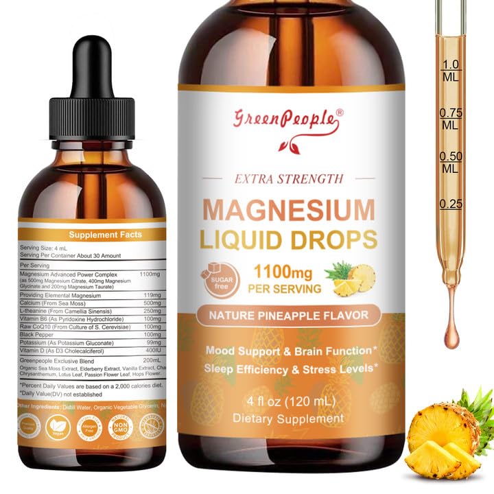 GREENPEPOPLE Magnesium Glycinate Liquid Drop - 17-in-1 4Fl. Oz Triple Magnesium Complex Supplement with Glycinate 400mg & Citrato 500mg Taurate/L-Theanina for Calm Mood/Muscle/Sleep,Pineapple Flavor