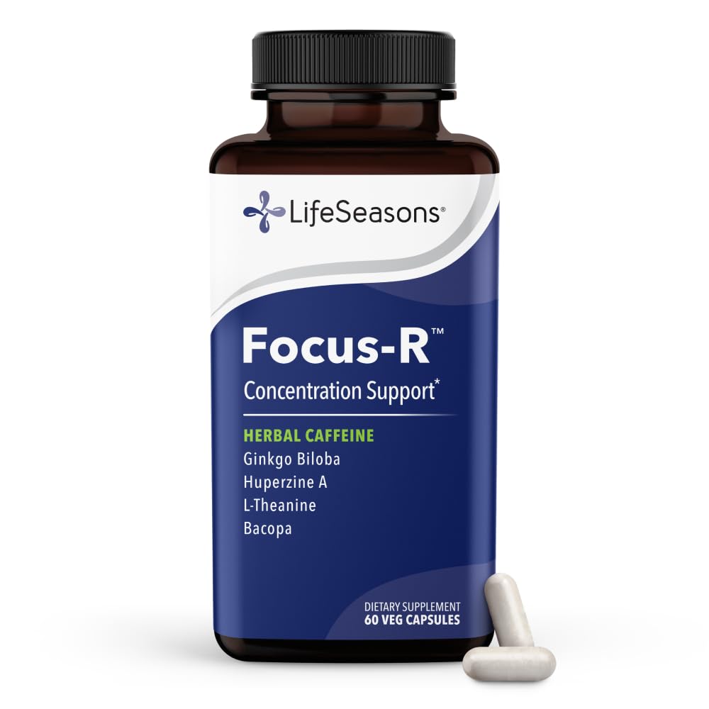 LifeSeasons - Focus-R - Suplemento de suporte de concentração - Todas as idades - Melhora o desempenho mental e foco - Aumenta a atenção Span - L-Theanina, Kava Kava, Bacopa, Vitamina B & Mais - (60 Cápsulas)