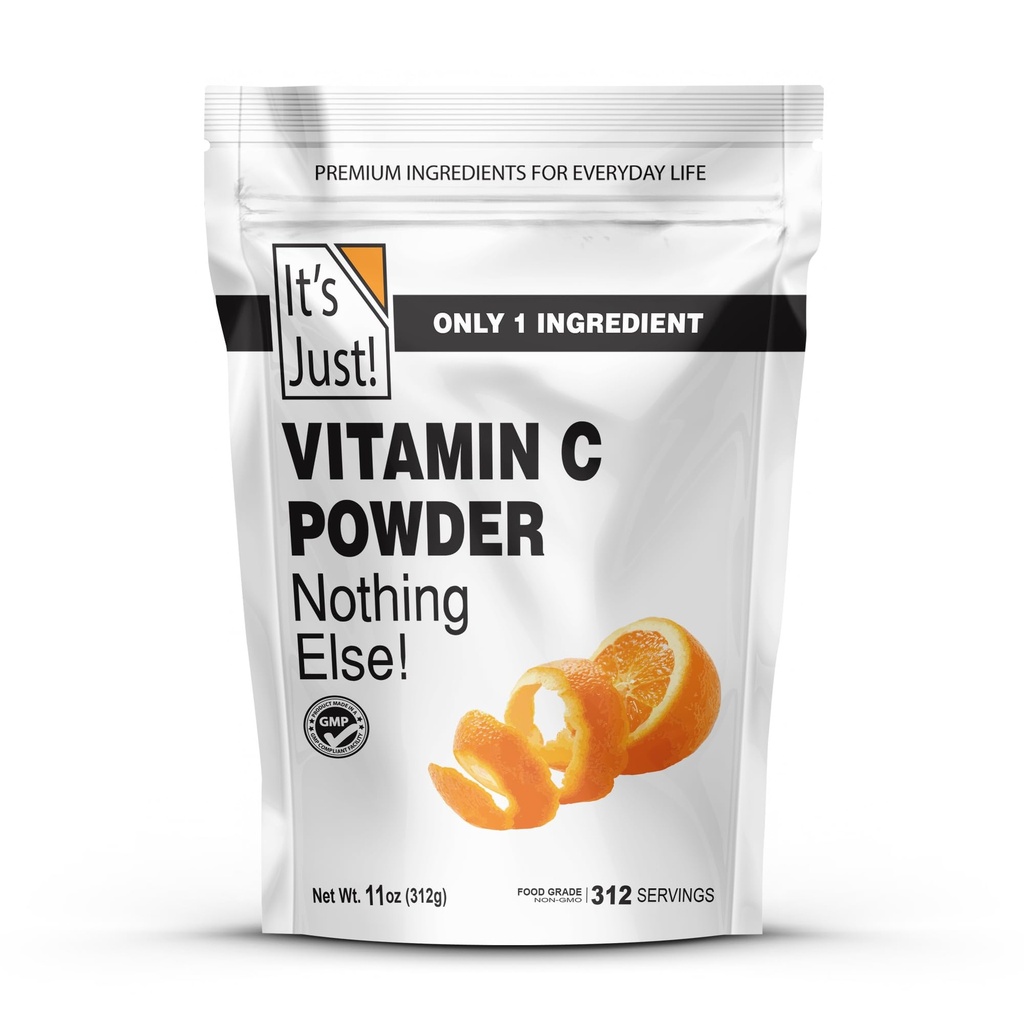 É justo! - Pó de vitamina C, ácido L-ascórbico 100% puro, grau alimentar, suporte imunológico, cosméticos caseiros (11 onças)