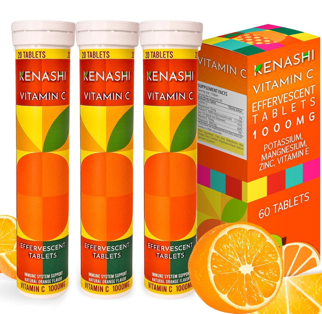 Comprimidos Efervescentes Vitamina C 1000mg com Magnésio Zinco Vitamina E & Potássio Vitamina C Efervescente 60 Tabelas 3 Pacote Vitamina C