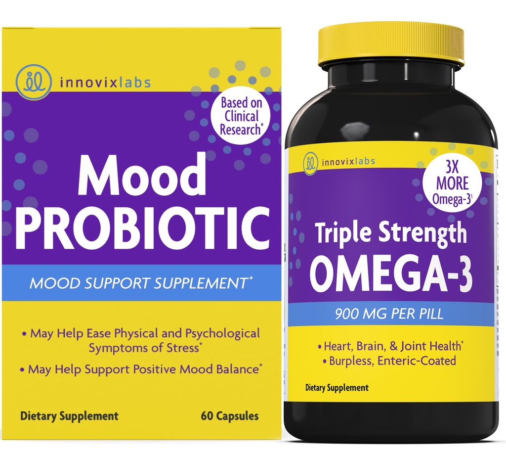InnovixLabs Mood Probiótico & Triplo Omega Bundle Mood Probiótico (60 Cápsulas) Triplo Força Omega-3 Fish Oil (200 Softgel). Suporta Cérebro, Articulações e Saúde Imune*