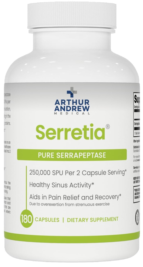 Arthur Andrew Medical, Serretia, Fórmula Serrapeptase para apoio muscular e sinusal, 180 Cápsulas