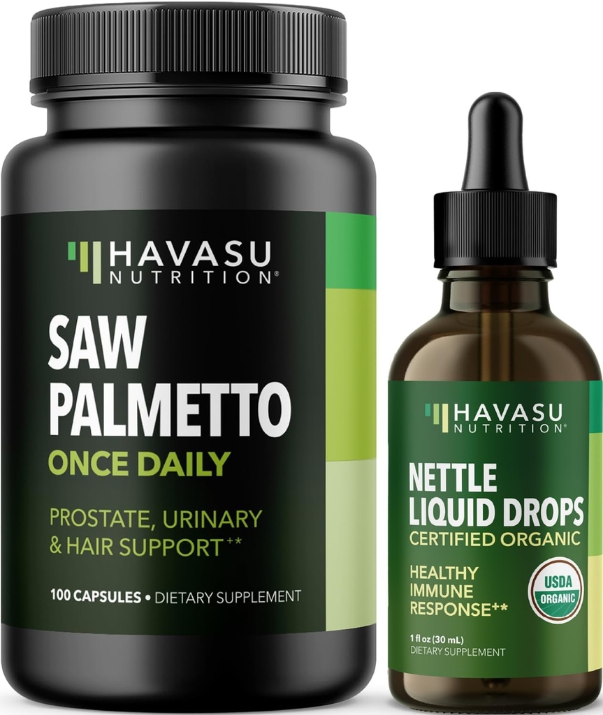 NUTRIÇÃO HAVASU Stinging Nettle Leaf Extract Liquid Drops (60 Servings) & Saw Palmetto Cápsulas (100 Servings)