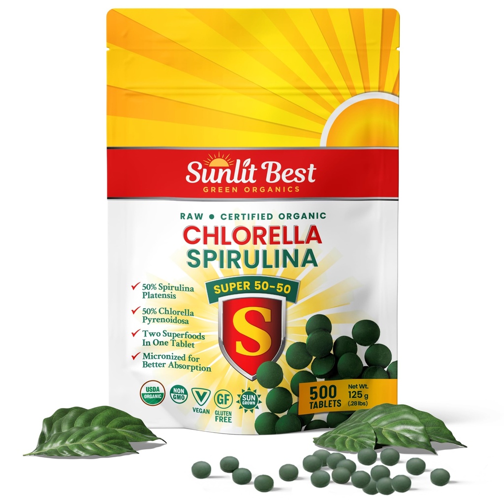 Sunlit Super 50/50 Organic Chlorela Spirulina Tablets - Super Suplemento para Apoio Imune, Gut Health, Mood & Energy - Rico em clorofila, aminoácidos & proteína Vegan, 500 Tabs Superfood