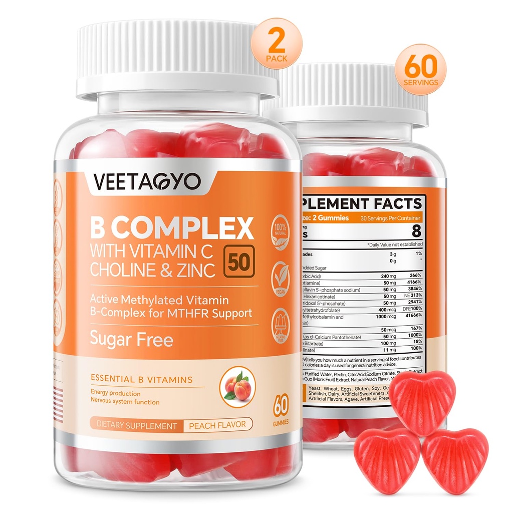 B Complexo 50 pastilhas, Complexo B metilado com vitamina C,Cholina e zinco - Complexo B metilado ativo para energia,Suporte metilado - Todas as vitaminas B - B1,B2,B3,B5,B6,B7,B9,B12 - Quantidade de açúcar,120