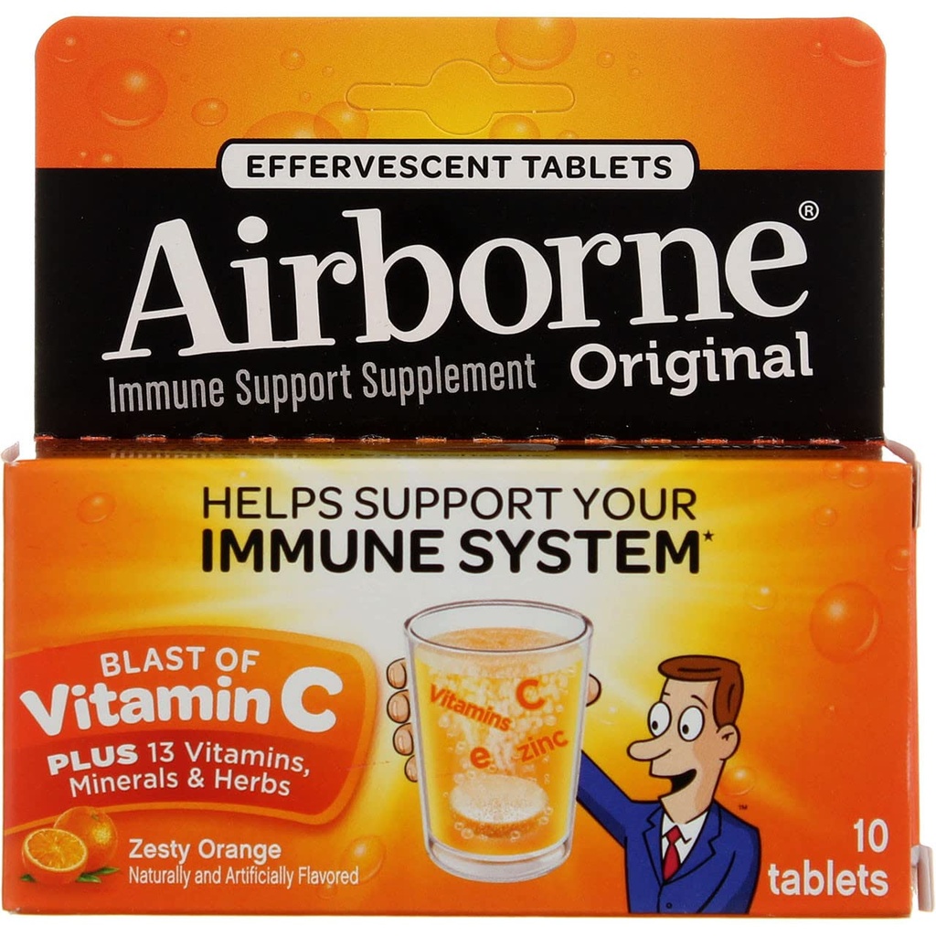 Airborne 1000mg Vitamina C com Vitamina D & Zinco, Suplemento de suporte imune de multivitamina sem açúcar, Antioxidantes Vitaminas A C & Vitamina E, 10 comprimidos efervescentes, sabor de laranja Zesty