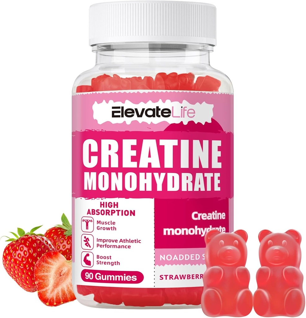 ElevaçãoVida Creatina Gummies mono-hidratados 5000mg para homens e mulheres, Mastigações Creatina Mono-hidratada para força muscular, Muscle Builder, Energia Boost, Suplemento pré-workout (90 Conde)-Strawberries