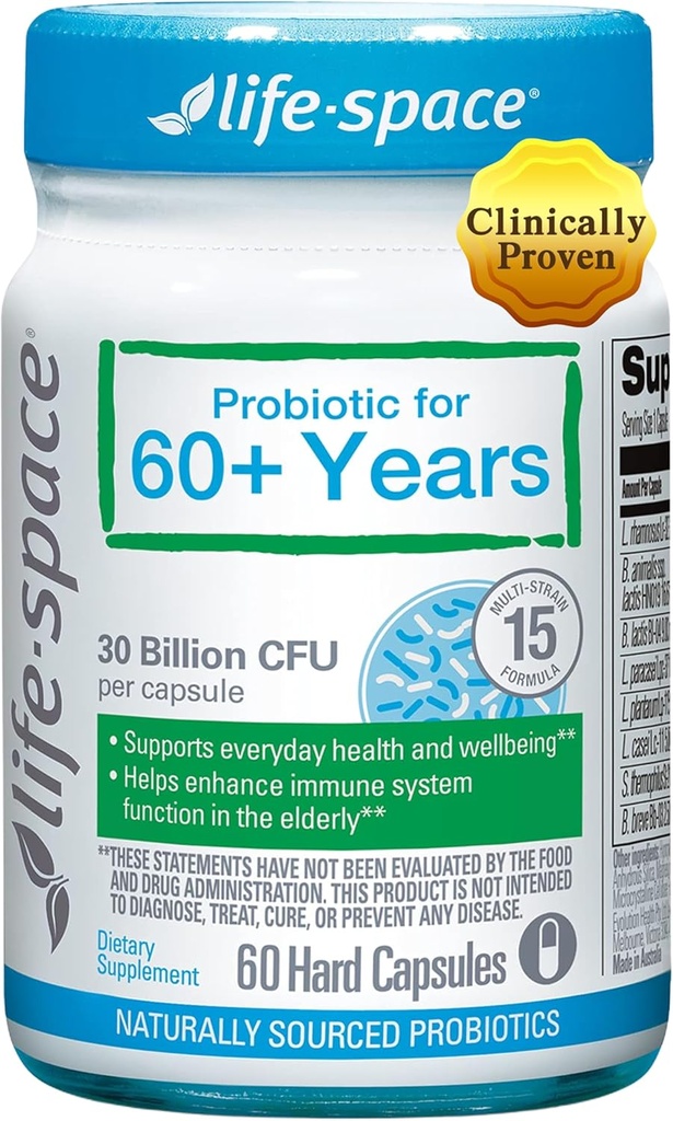 Life-Space Probiótico para 60+ Anos, Suporta Imunidade e Saúde Intestinal, Vitalidade Gastrointestinal, Bifidobacterium lactis, 30 Bilhões UFC, Multi Strains - 60 Cápsulas