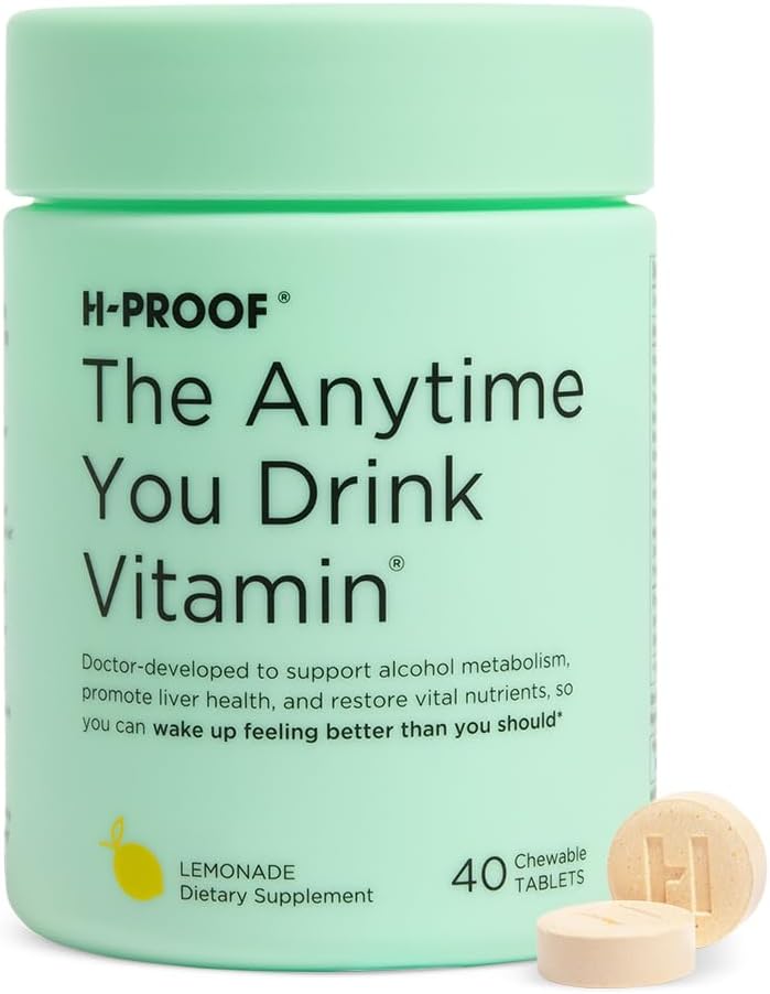 H-PROOF A qualquer hora que você beber vitamina, saúde do fígado e imunidade apoio com eletrólitos, cardo de leite, e vitaminas B & C - 40 comprimidos mastigáveis (20 Servões), Vegan, Limonada