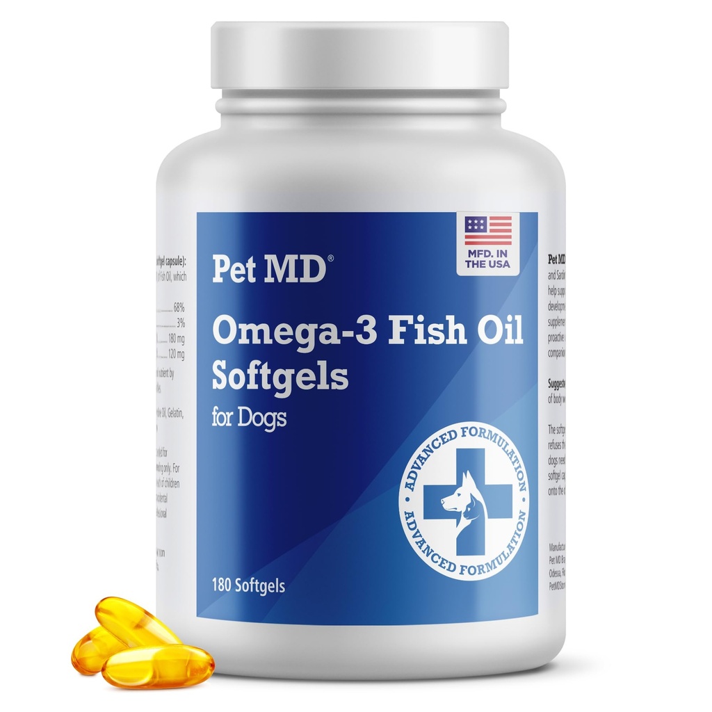 Pet MD – Omega 3 suplemento de óleo de peixe para cães – Pele e revestimento de suporte para cães – 180 Softgels