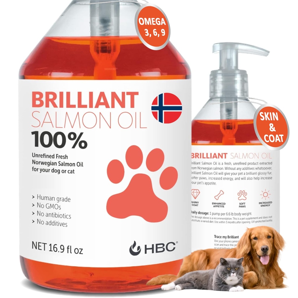 Óleo de salmão para cães - Pele saudável & casaco, todos naturais norueguês óleo de peixe Suplemento alimentar para animais de estimação, Omega 3 EPA DHA, Ideal para derramamento, alergia, coceira, pele seca, joint & saúde óssea - 16.9 Oz