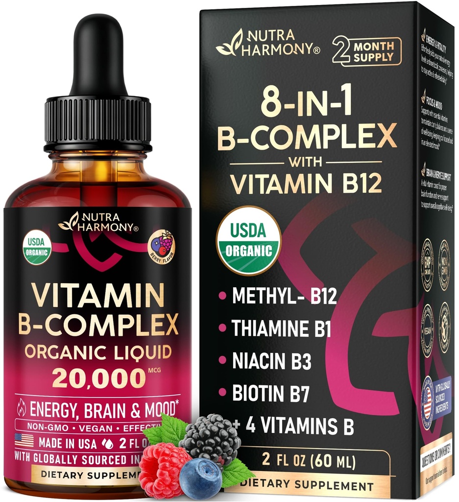 USDA Vitamina B-Complexo B5 Ácido pantoténico □ B12 Metilcobalamina □ B1 Tiamina □ B6 Piridoxina □ B7 Biotina B9 Fólico □ B3 Niacinamida - B Complex Liquid Drops, Made in USA Supplement, 2fl oz