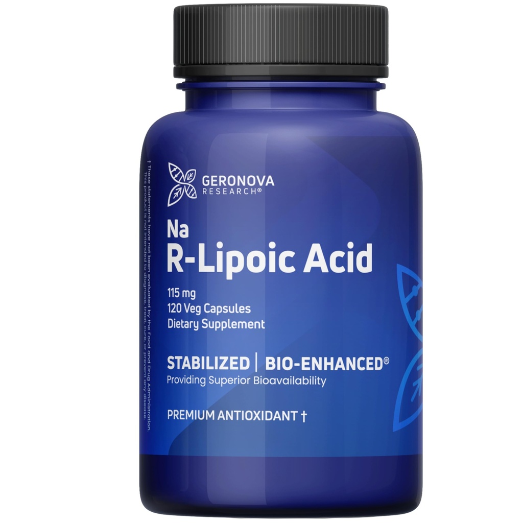 Geronova Research Ácido R-Lipoico Bio-Anhantado, 115 mg Cápsulas - Fornecimento de 4 Mês - Suplemento de Ácido Alfa Lipoico Estabilizado com Absorção Melhorada - 120 Contagem