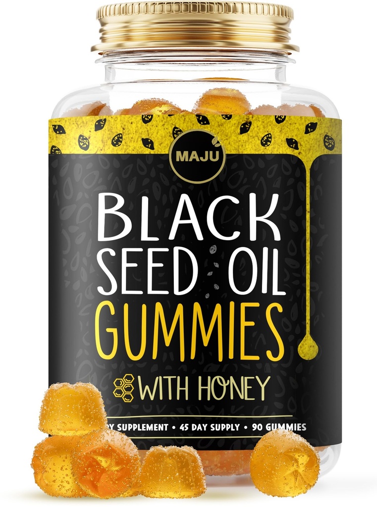 Gummies de óleo de semente preta da MAJU com mel 90ct, 500mg BSO Gummy, óleo de semente preta Nigella Sativa, prensado a frio, fórmula potente, 90ct