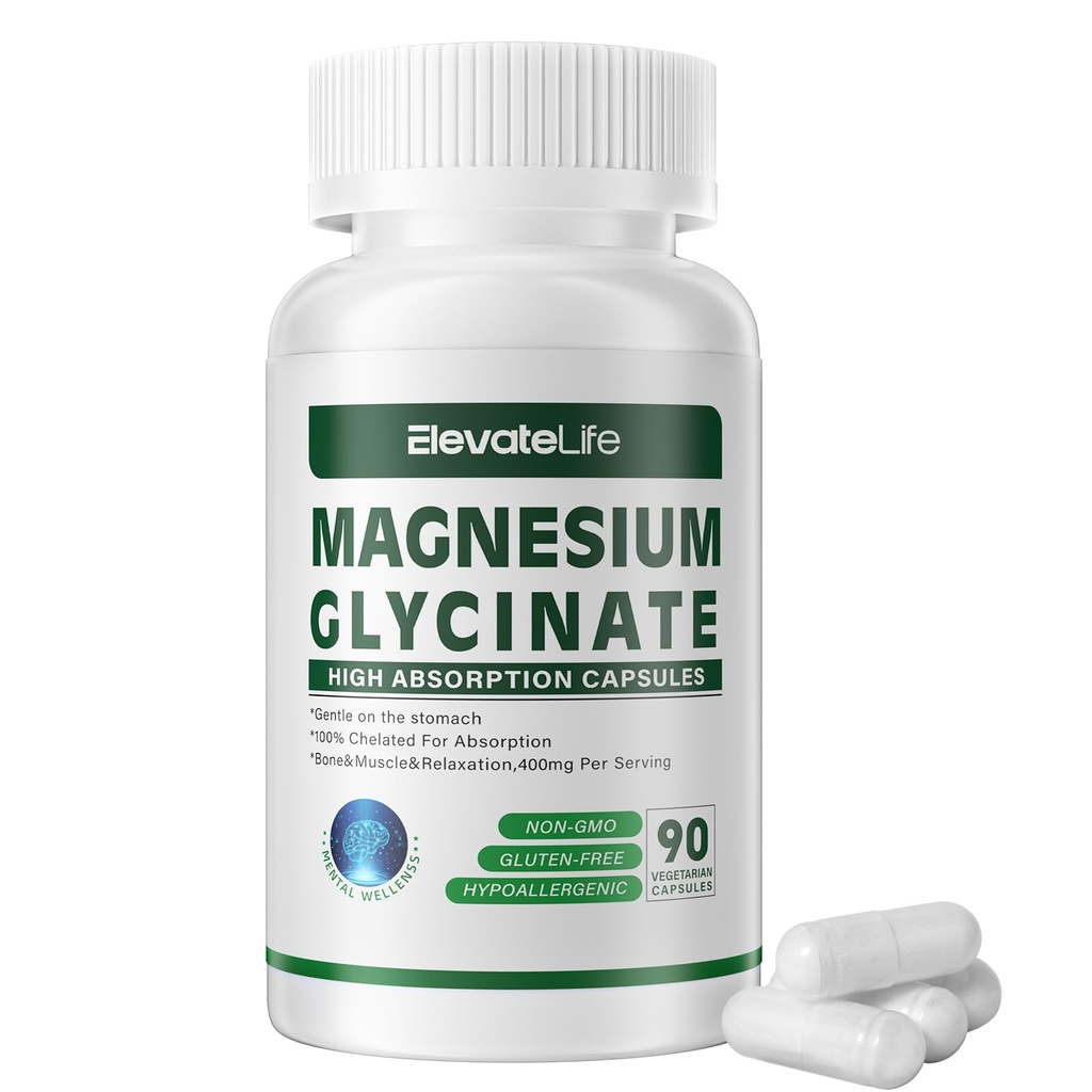 Glicecinato de magnésio 400 MG por serviço 100% quelatado para alta absorção, gentil no estômago, não-GMO, 90 Cápsulas Vegetarianas