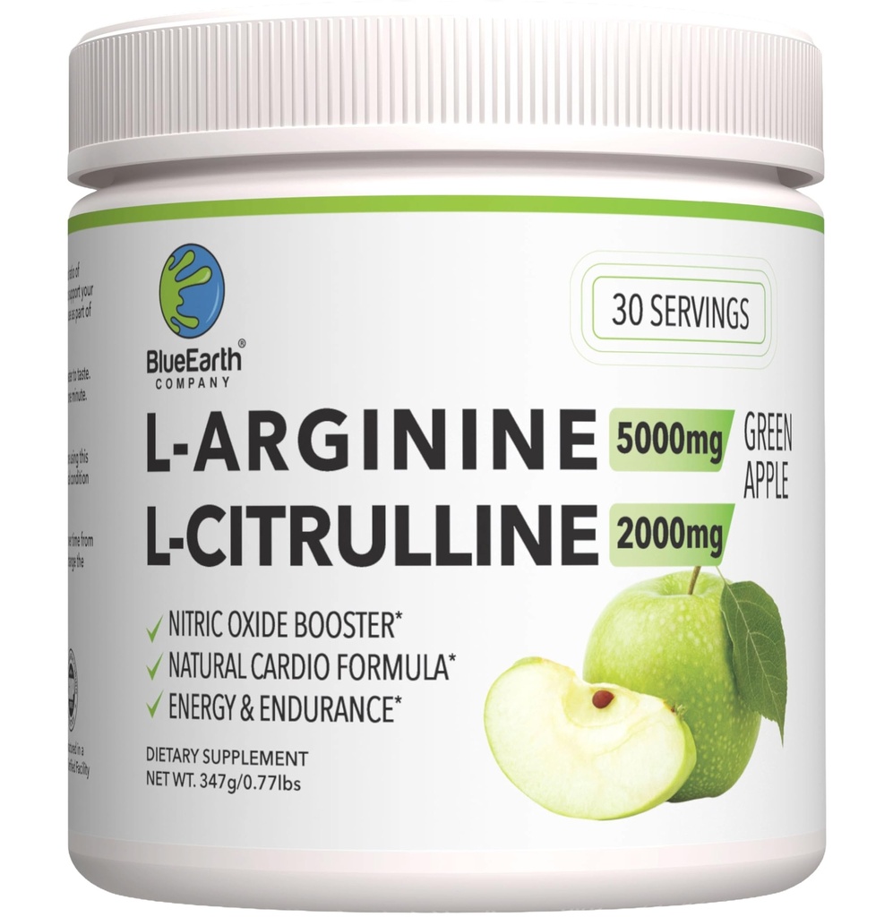 L-Arginina 5000mg + L-Citrulina 2000mg Complex Powder Supplement Drink Mix - Nitric Oxide Booster for Heart Health, Blood Flow & Energy - 30 Servings (Green Apple)