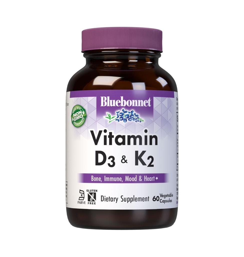 Bluebonnet Nutrition Vitamina D3 & K2, livre de soja, para ossos fortes e saudáveis*, sem glúten, não-GMO, sem leite, certificado Kosher, vegetariano, 60 cápsulas vegetais, 60 serviços