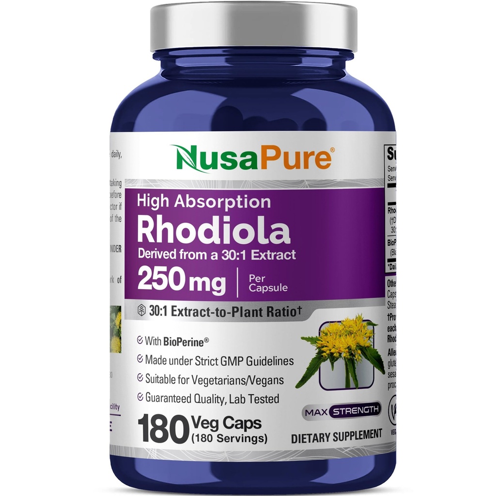 NusaPure Rhodiola Rosea 7,500mg 180 Cápsulas Veggie (Não-GMO, Extrato 30:1, Vegan & Gluten-Free) Bioperine