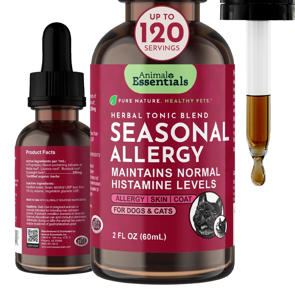 Essenciais animais Alergia sazonal - Formulado com Folha de Nettle, Erva Eyebright, Alcaçuz e Raiz de Burdock, Fórmula de ervas para cães e gatos, Ervas Orgânicas, Vitaminas Naturais e Minerais - 2 fl oz